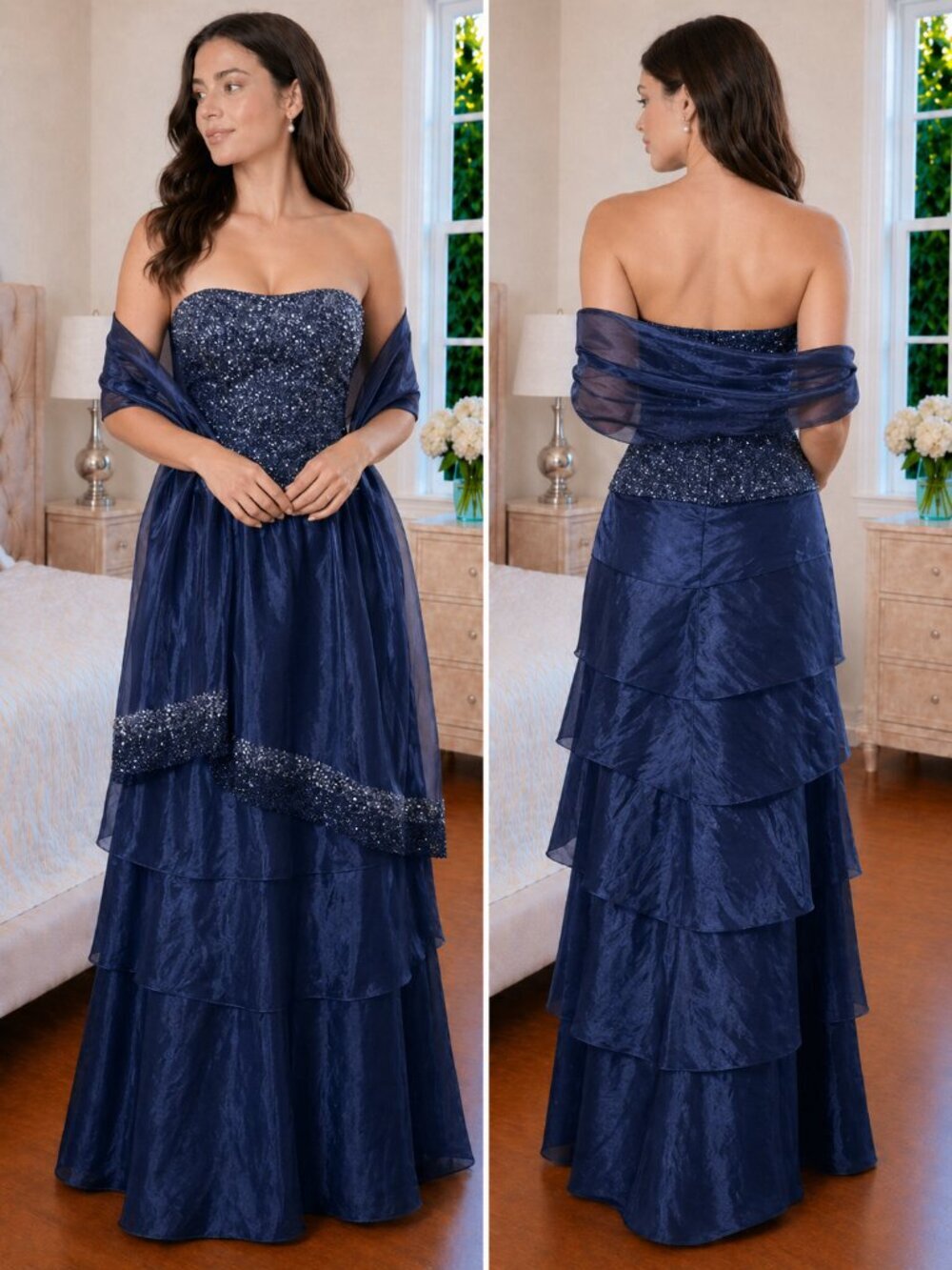 Jovani Navy Blue Sequined Strapless Tiered Formal Gown $395